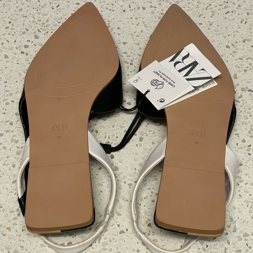 ZARA Flat Slingback shoes Black White Color block 7.5 NEW with tags Chic - Picture 4 of 5